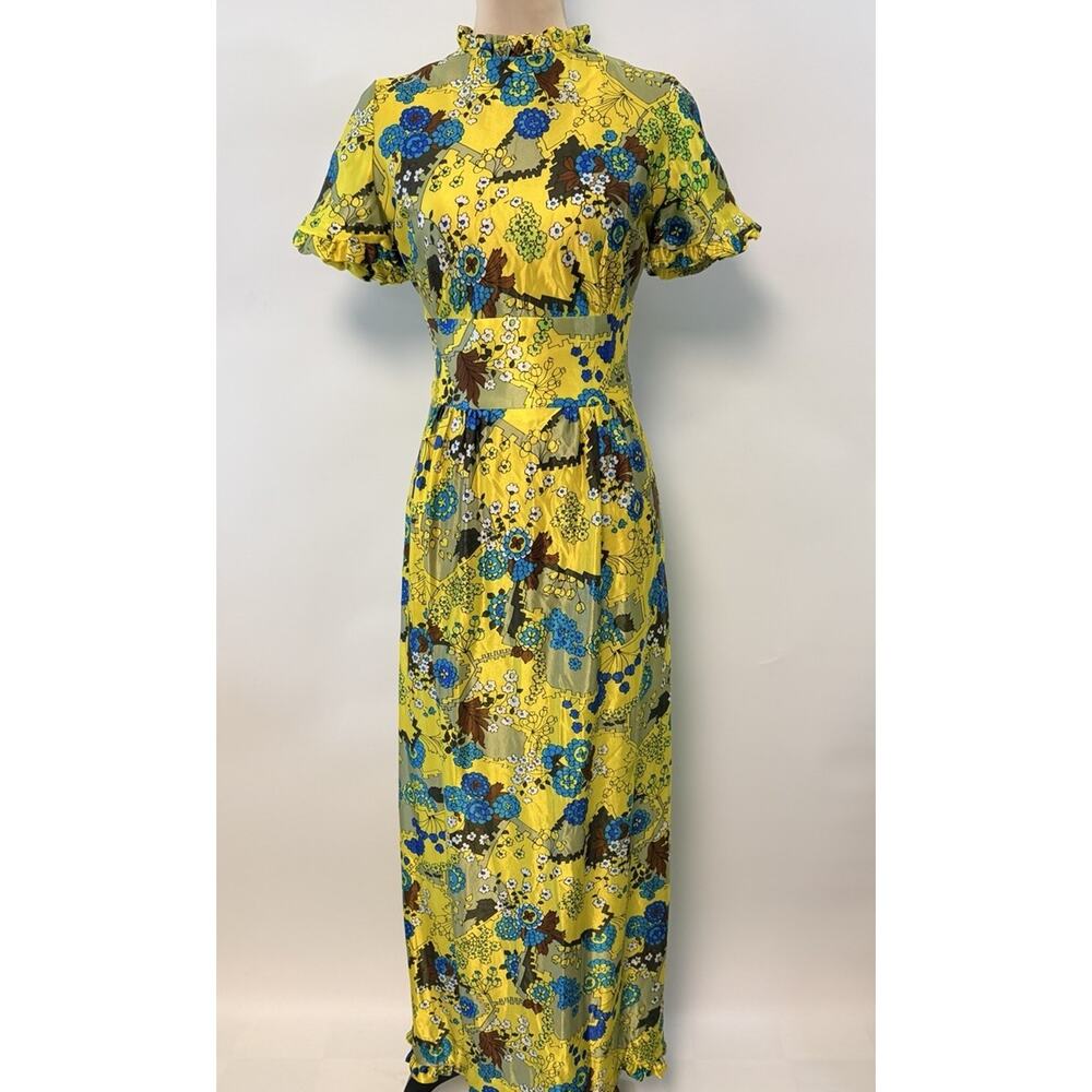 Vintage 70s Maxi Ruffle High Neck Dress Yellow Blue Floral Hippie Mod Medium